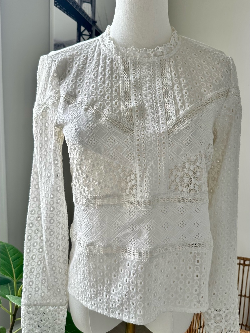 White Lace Eyelet Long-Sleeve Blouse - Women's